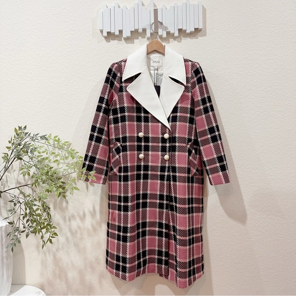 J.ING Jing Blair Waldorf Pink Plaid Double Breasted White Collar Winter Coat NWT - Picture 3 of 11